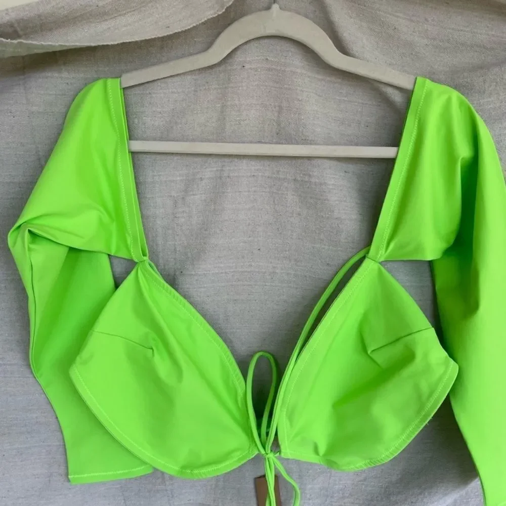 NWT SKIMS Recycled Swim Long Sleeve Bikini Neon Green Swim Top